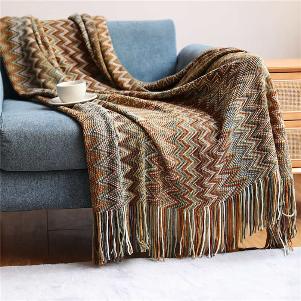 CozyHome | Multicolor Zigzag Tasseled Knit Throw Blanket