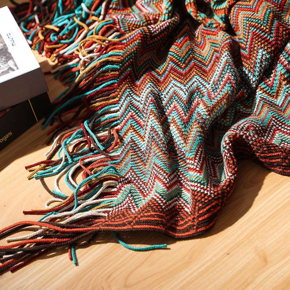 CozyHome | Multicolor Zigzag Tasseled Knit Throw Blanket
