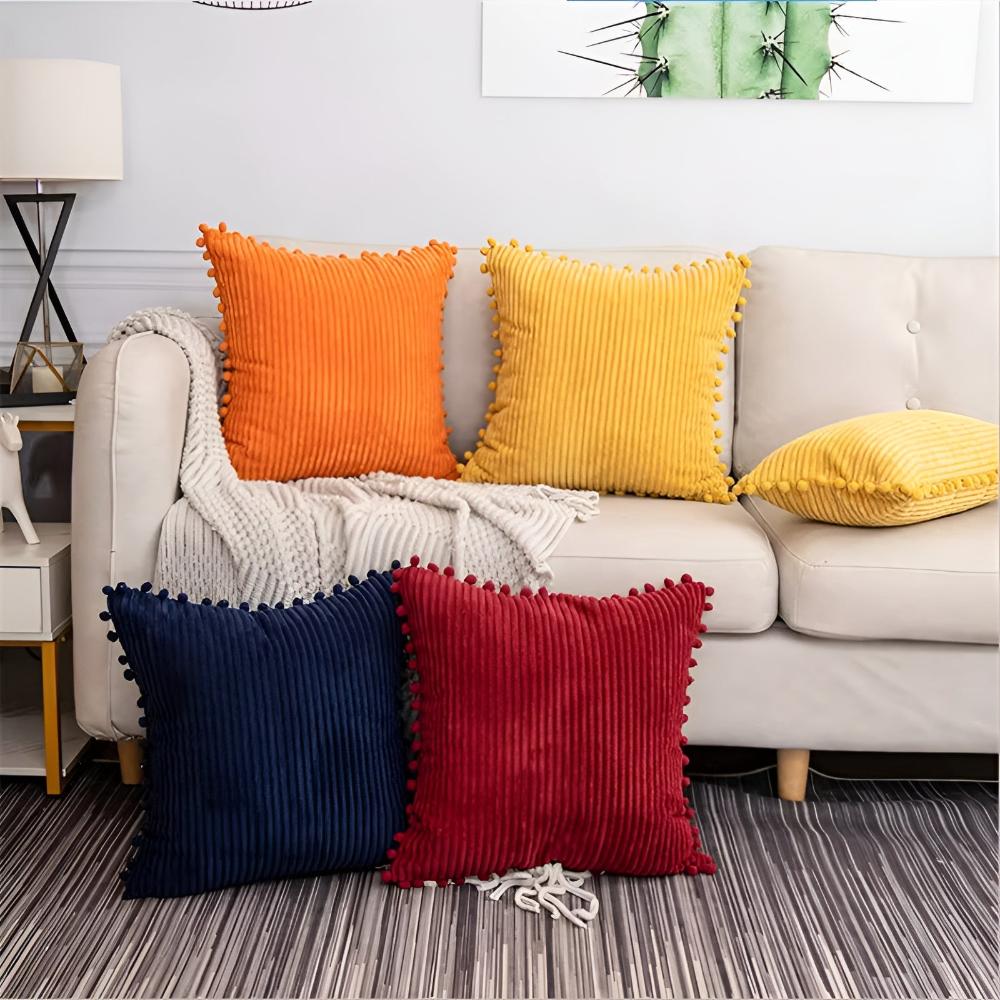 CozyNest | Plush Ribbed Pom-Pom Cushion Cover