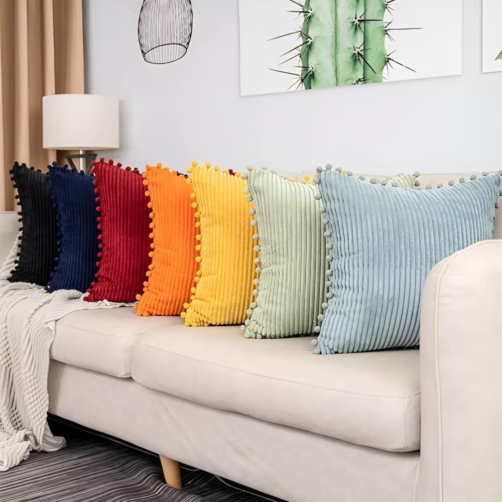CozyNest | Plush Ribbed Pom-Pom Cushion Cover