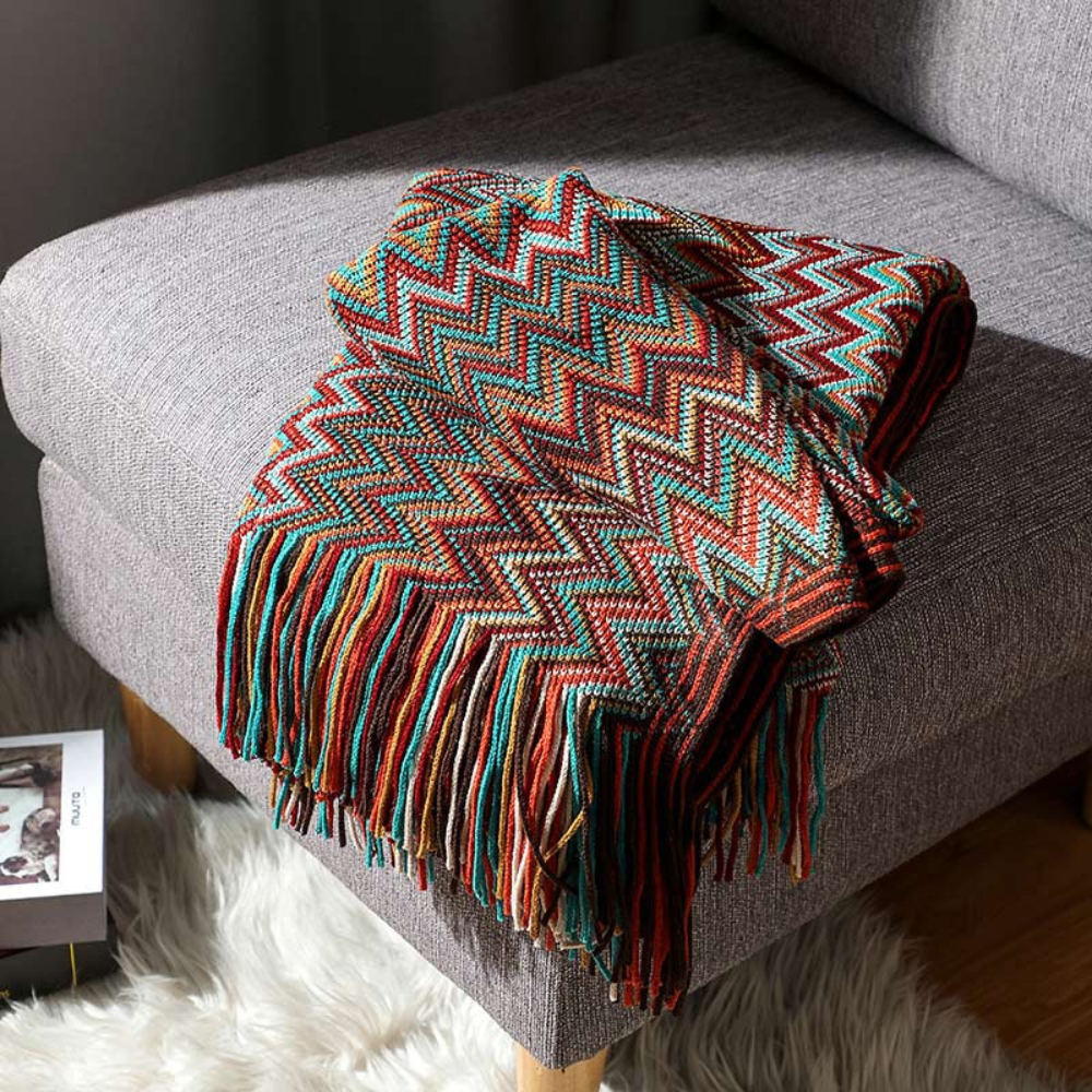 CozyHome | Multicolor Zigzag Tasseled Knit Throw Blanket