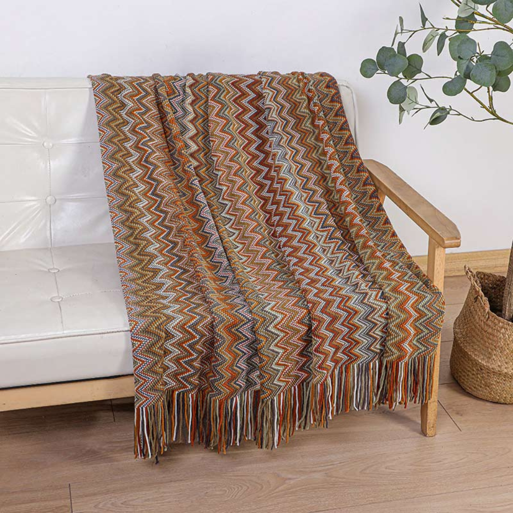 CozyHome | Multicolor Zigzag Tasseled Knit Throw Blanket