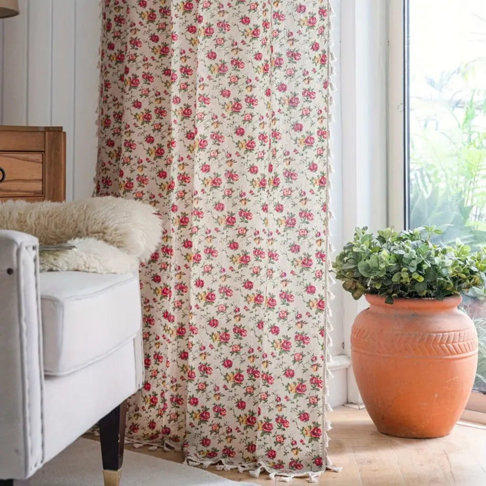 BlossomDrape | Floral Tasseled Soft Cotton Curtain