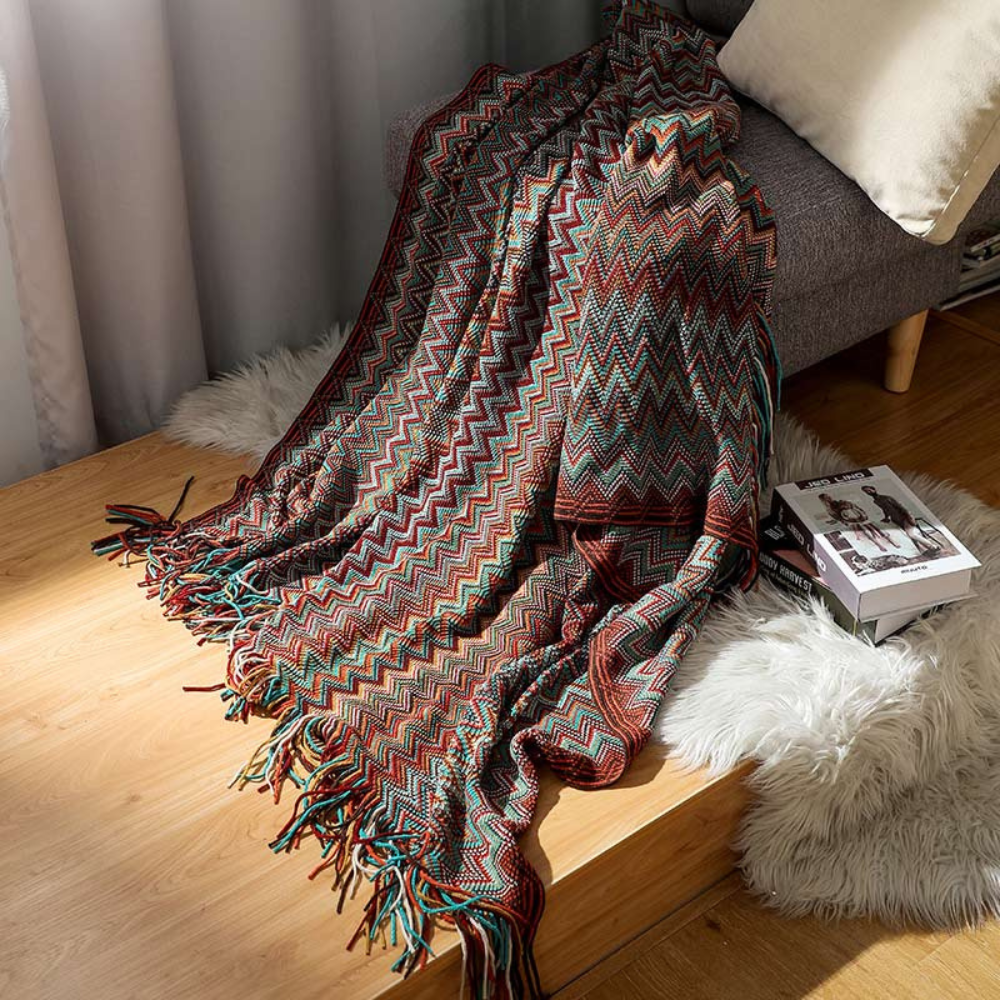 CozyHome | Multicolor Zigzag Tasseled Knit Throw Blanket