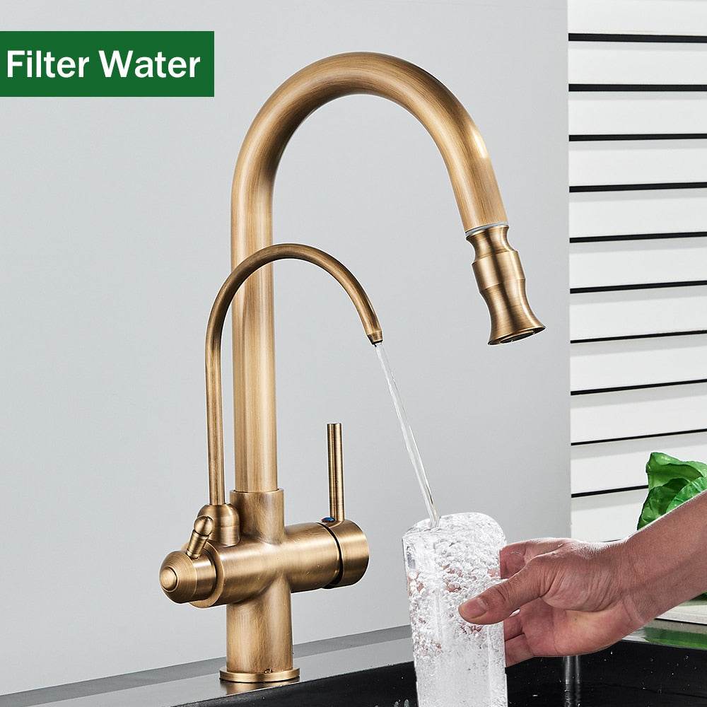 Aurelian | 2-in-1 Kitchen Faucet - Antique Brass Pull Out Tap