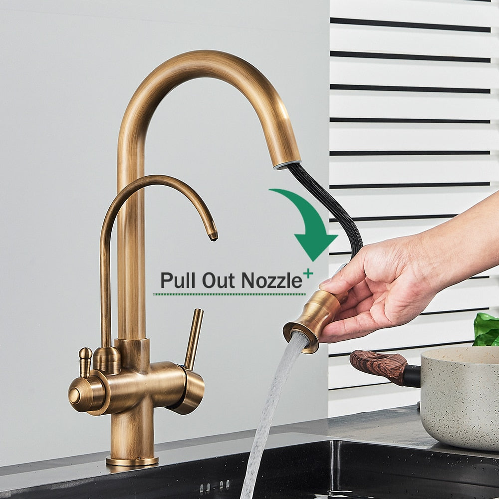 Aurelian | 2-in-1 Kitchen Faucet - Antique Brass Pull Out Tap