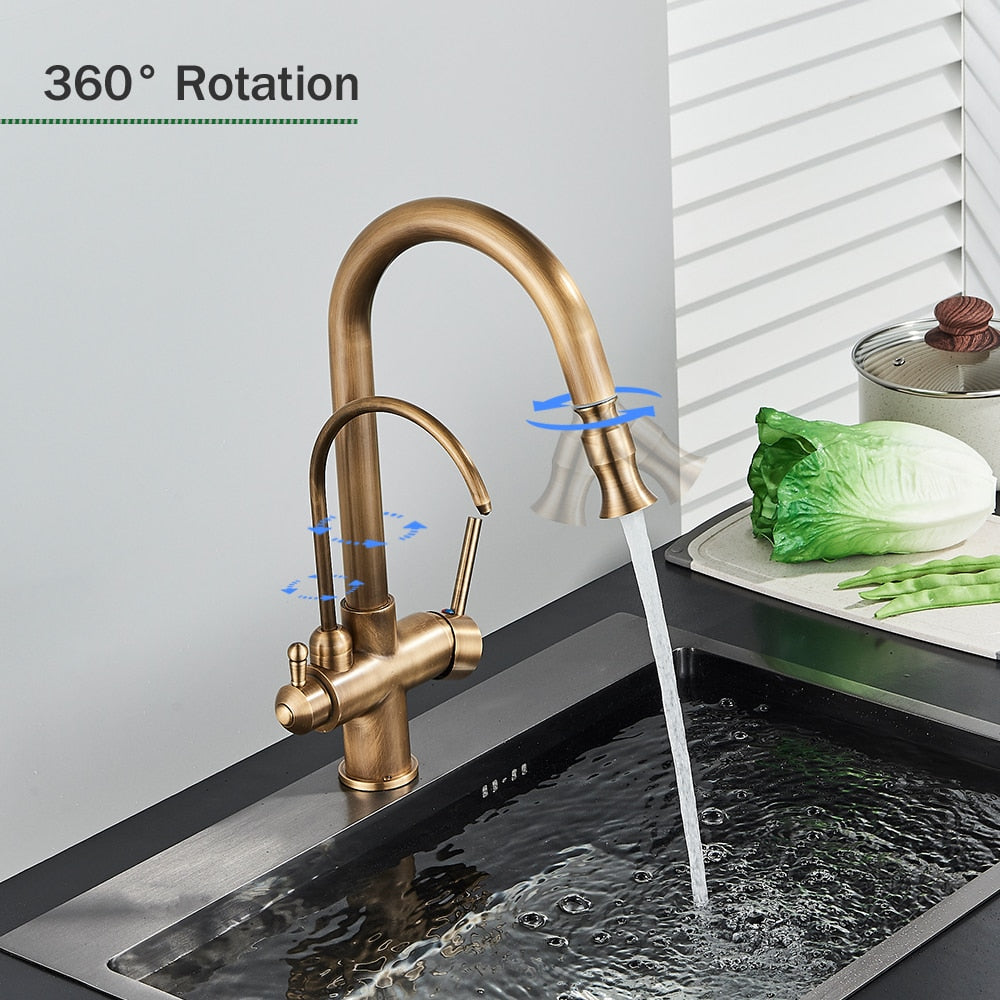 Aurelian | 2-in-1 Kitchen Faucet - Antique Brass Pull Out Tap