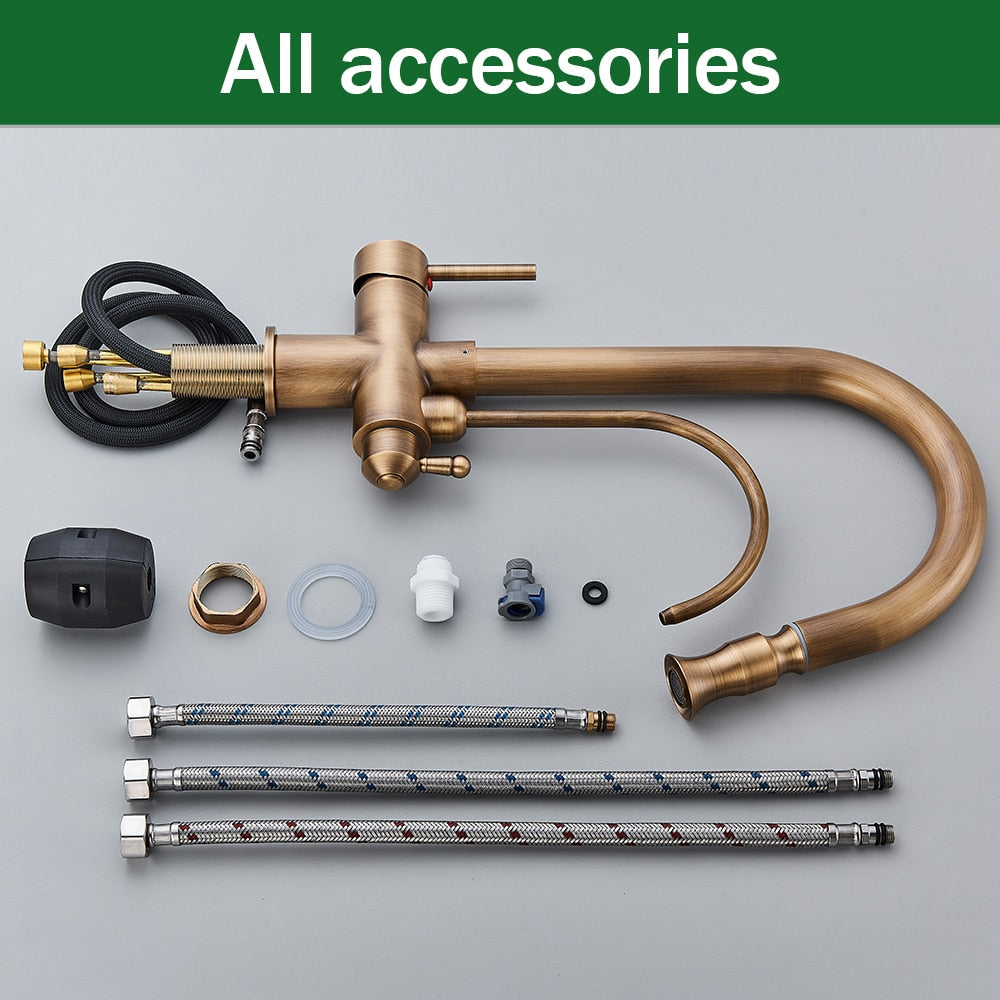 Aurelian | 2-in-1 Kitchen Faucet - Antique Brass Pull Out Tap