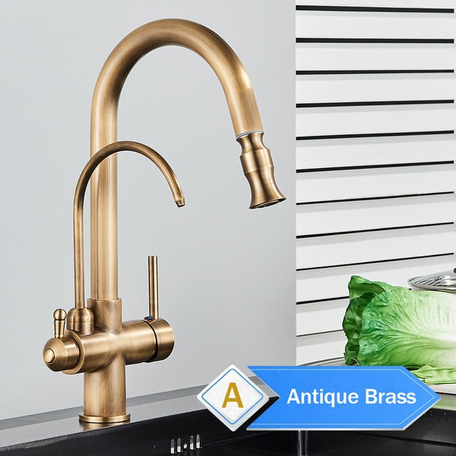 Aurelian | 2-in-1 Kitchen Faucet - Antique Brass Pull Out Tap