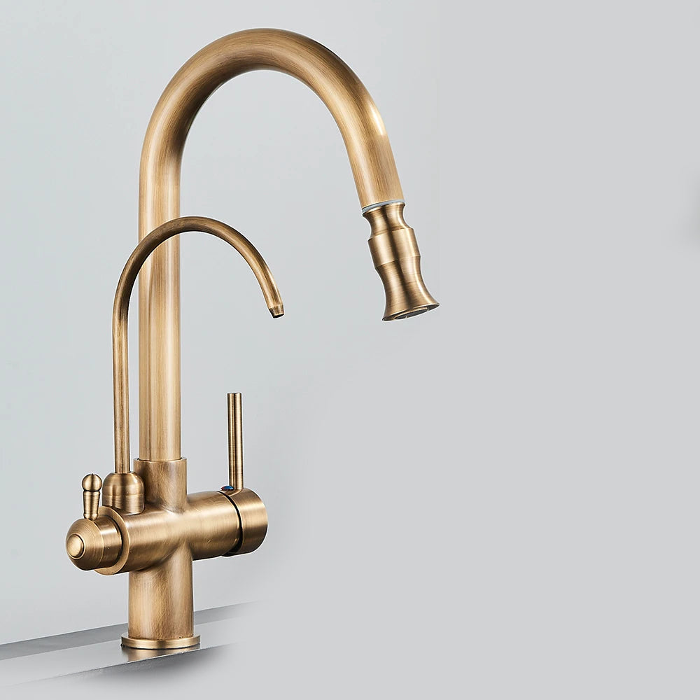 Aurelian | 2-in-1 Kitchen Faucet - Antique Brass Pull Out Tap