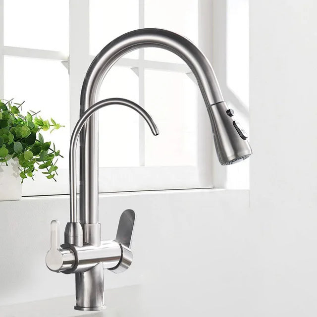 Aurelian | 2-in-1 Kitchen Faucet - Antique Brass Pull Out Tap