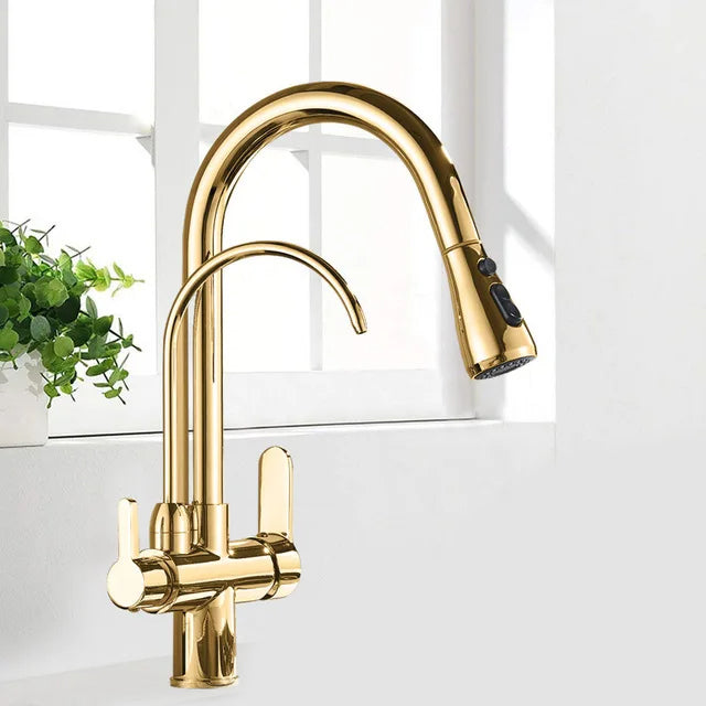 Aurelian | 2-in-1 Kitchen Faucet - Antique Brass Pull Out Tap