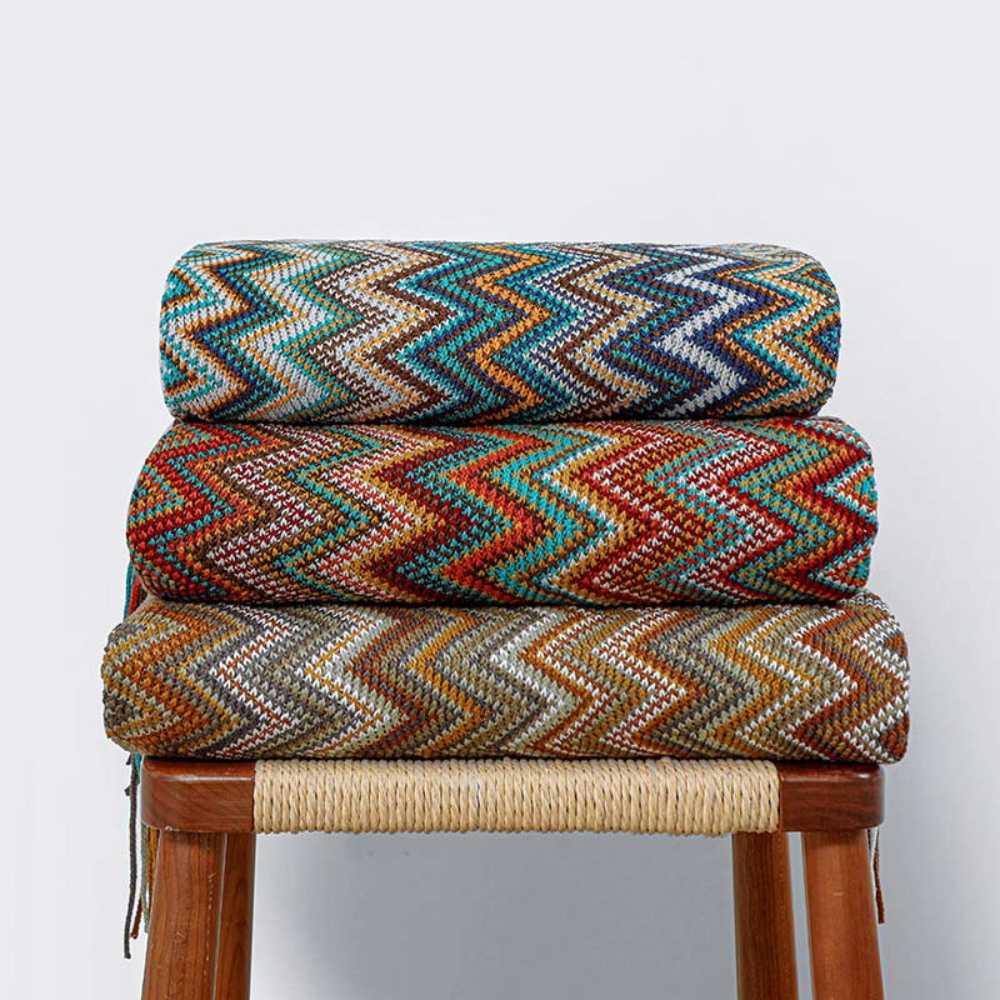 CozyHome | Multicolor Zigzag Tasseled Knit Throw Blanket