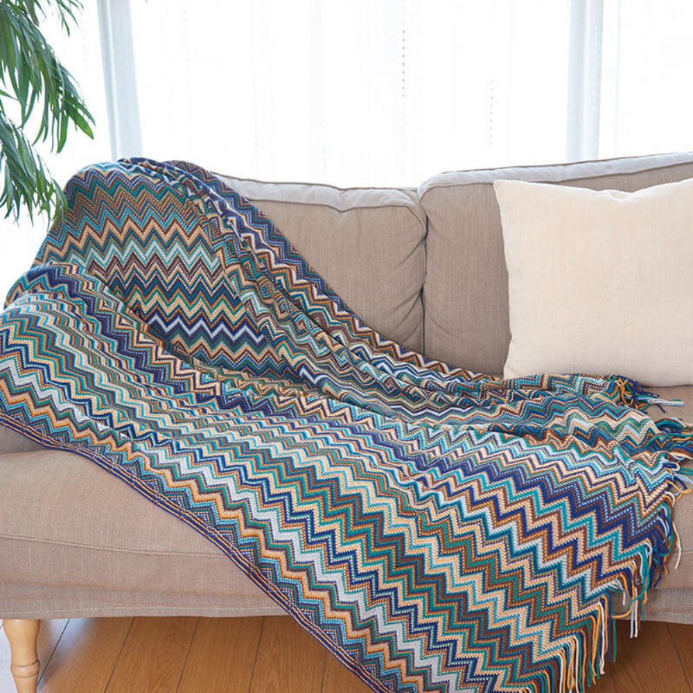 CozyHome | Multicolor Zigzag Tasseled Knit Throw Blanket