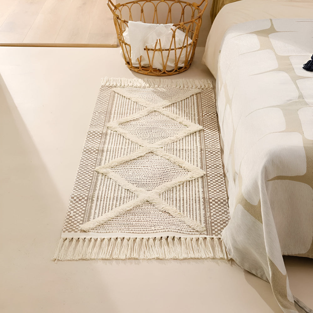 CozyHome | Beige Textured Fringe Tassel Rug