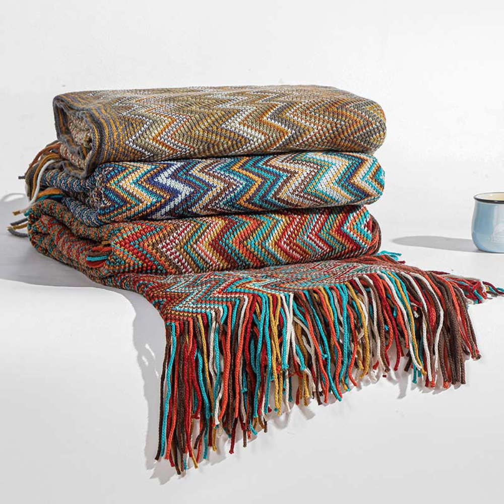 CozyHome | Multicolor Zigzag Tasseled Knit Throw Blanket