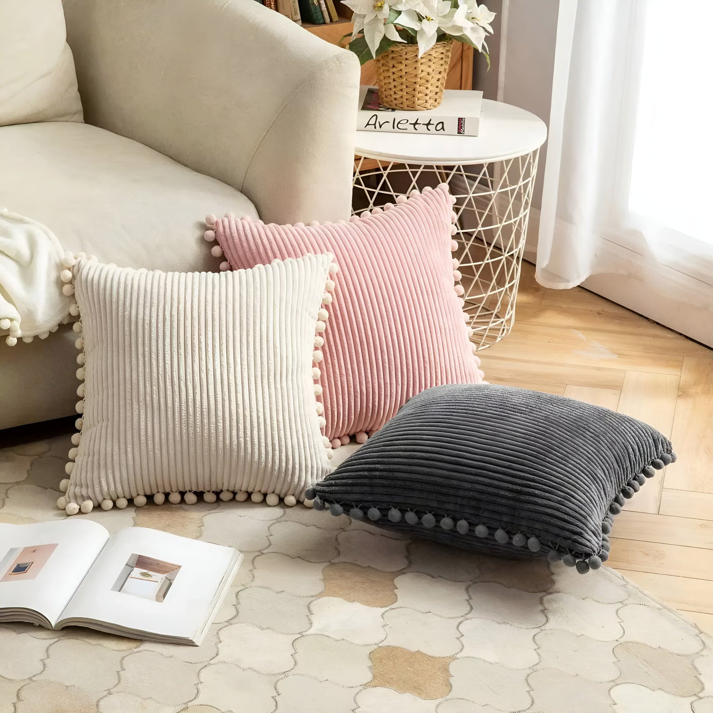 CozyNest | Plush Ribbed Pom-Pom Cushion Cover