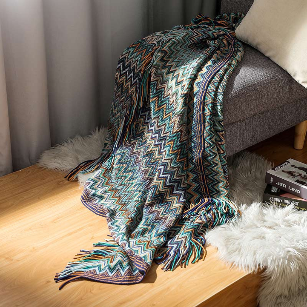 CozyHome | Multicolor Zigzag Tasseled Knit Throw Blanket