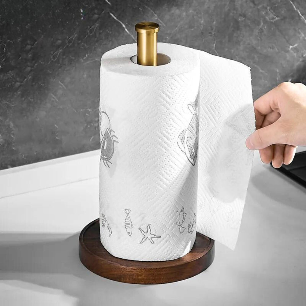 Crafted walnut paper towel holder displayed on a kitchen countertop
