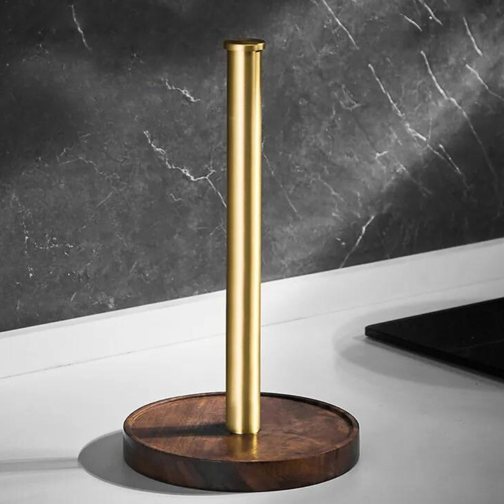 Crafted walnut paper towel holder displayed on a kitchen countertop