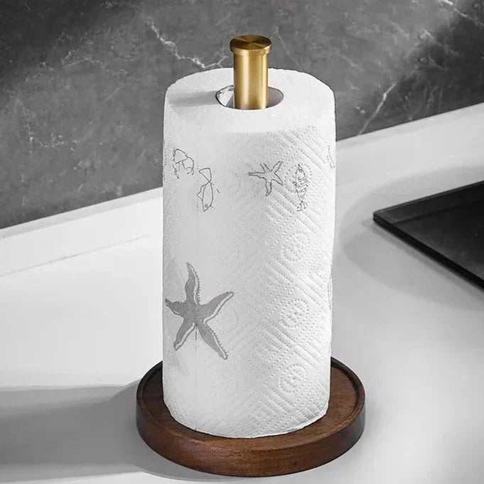 Crafted walnut paper towel holder displayed on a kitchen countertop