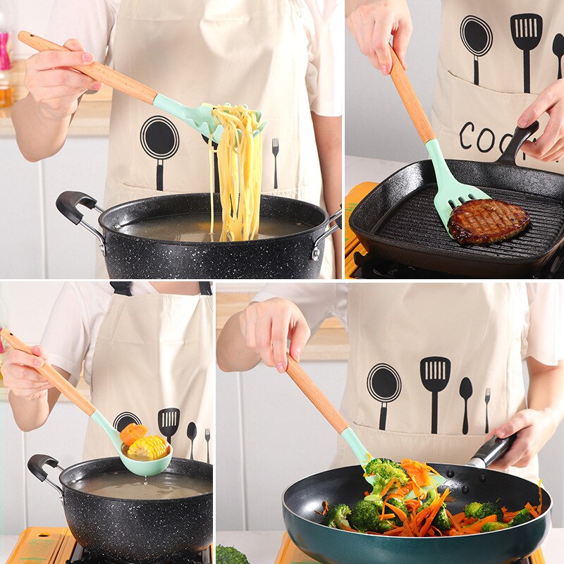 Non-stick kitchenware set displayed on a modern kitchen countertop.
