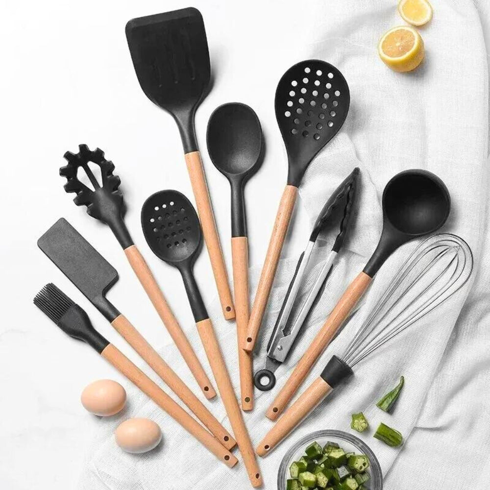 Premium silicone cooking utensils set displayed on a kitchen counter.