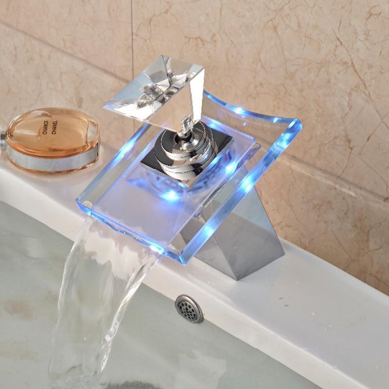 Cavallino | Brass Chrome Basin Faucet - Luxury Waterfall Glass LED Tap