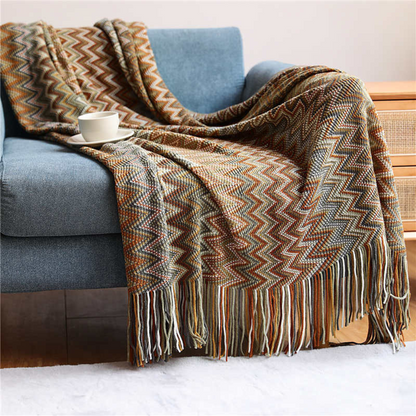CozyHome | Multicolor Zigzag Tasseled Knit Throw Blanket