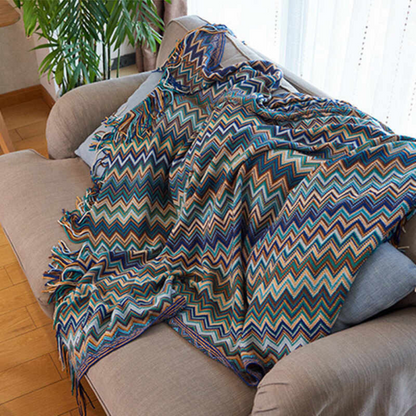 CozyHome | Multicolor Zigzag Tasseled Knit Throw Blanket