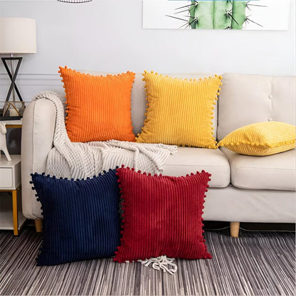 CozyNest | Plush Ribbed Pom-Pom Cushion Cover