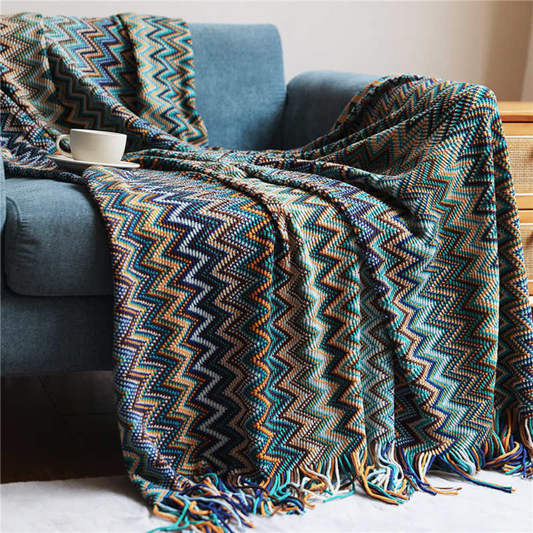 CozyHome | Multicolor Zigzag Tasseled Knit Throw Blanket