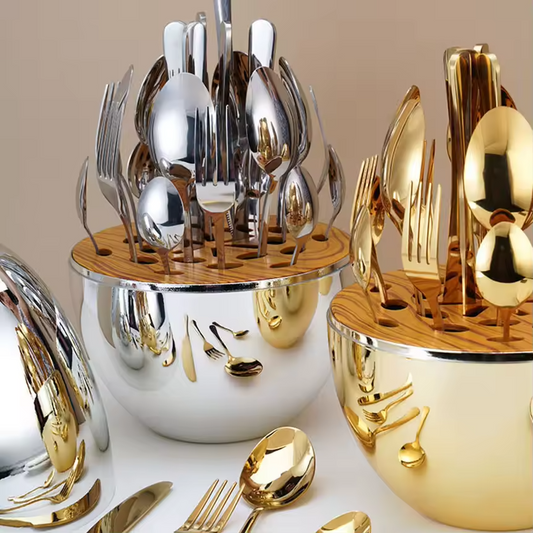 24-Piece Golden Silver Cutlery Set With Stylish Egg-Shaped Storage