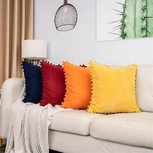 CozyNest | Plush Ribbed Pom-Pom Cushion Cover