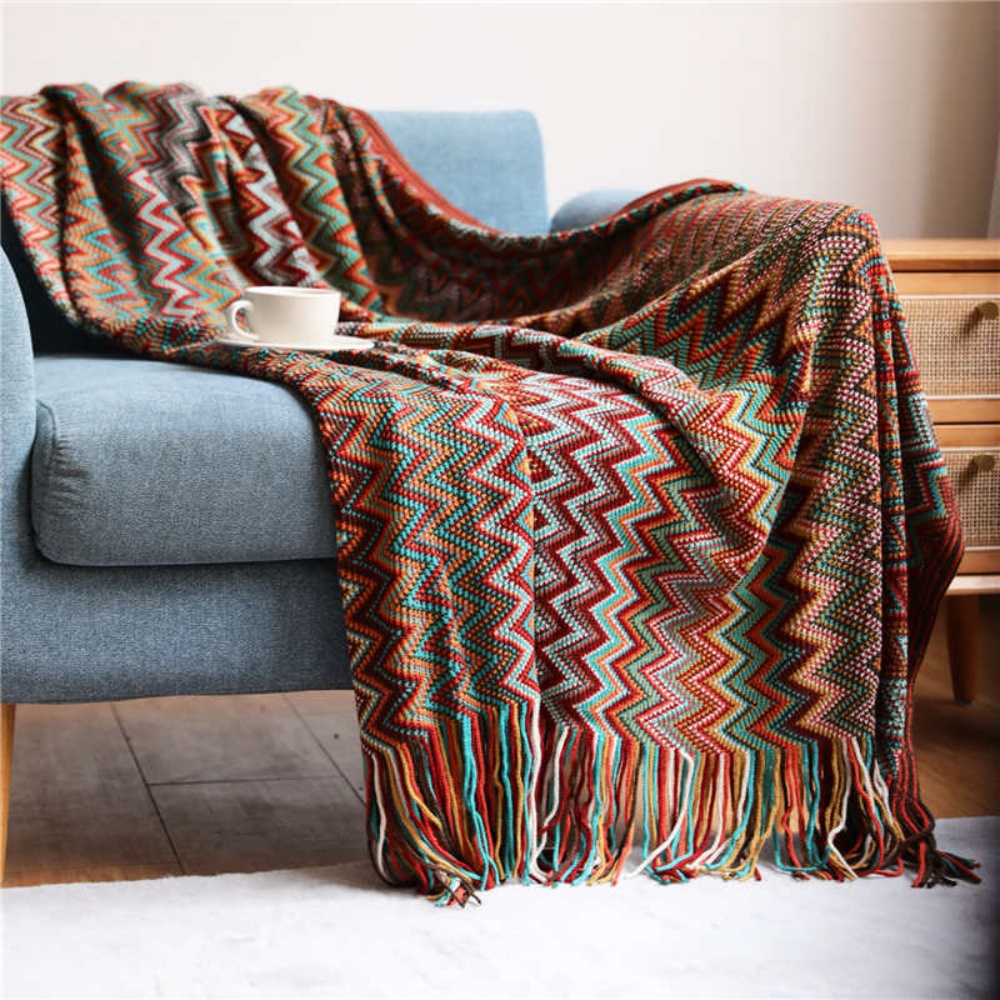 CozyHome | Multicolor Zigzag Tasseled Knit Throw Blanket