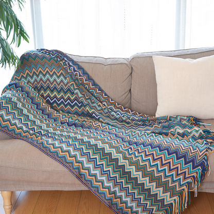 CozyHome | Multicolor Zigzag Tasseled Knit Throw Blanket