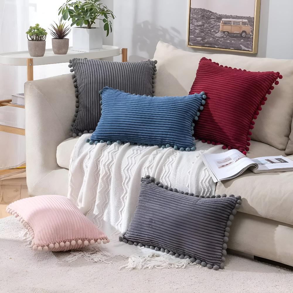 CozyNest | Plush Ribbed Pom-Pom Cushion Cover