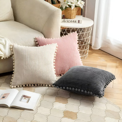 CozyNest | Plush Ribbed Pom-Pom Cushion Cover