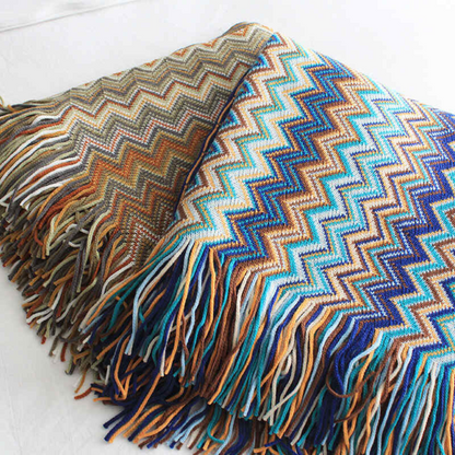 CozyHome | Multicolor Zigzag Tasseled Knit Throw Blanket