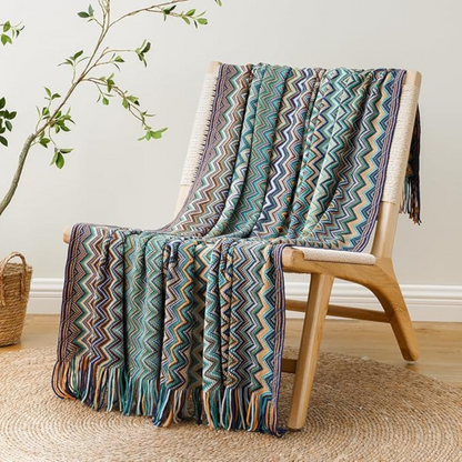 CozyHome | Multicolor Zigzag Tasseled Knit Throw Blanket