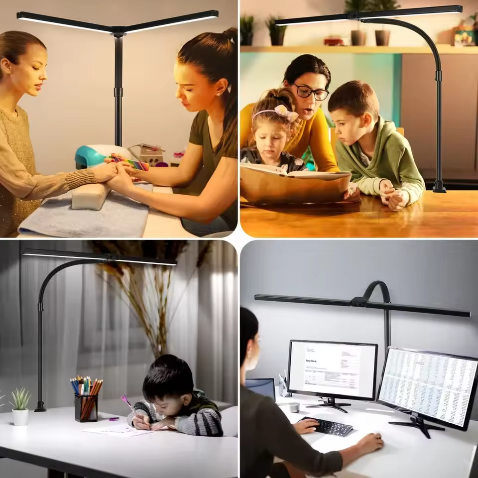 Double Head LED Clip Desk Lamp - Dimmable Light For Office & Reading