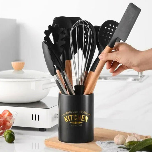 Premium silicone cooking utensils set displayed on a kitchen counter
