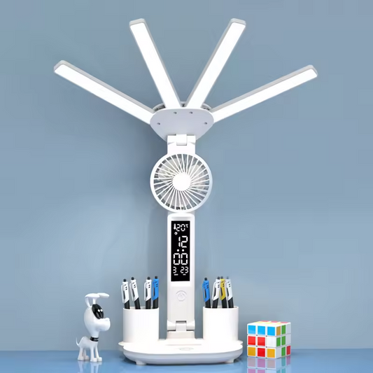 Rechargeable LED Table Lamp | Study Light With Fan And Clock Display